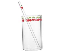 Housoutil Tasse en Verre 201-300 Ml avec Motif Cerise, Gobelet Transparent avec Paille, Verre à Lait et Tasse à Café, pour Boissons Froides et Chaudes, Ensemble 2 Pièces