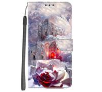Housse à Rabat Portefeuille pour Google Pixel 6a,Coque en Cuir PU Etui de Protection avec Fonction Support Magnétique Portables Case,Paysage enneigé Roses du château