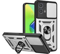 Housse Antichoc Pour Motorola Moto G13 / Moto G23 - Cache Objectif Coulissant, Anneau Rotatif 360°, Compatible Support Voiture Magnétique, Tpu/Pc Argent