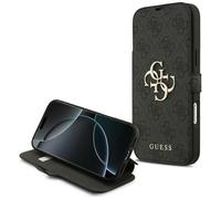 Housse Bookcase pour Apple iPhone 17 Pro Max Guess Gris Logo Doré, Rabattable