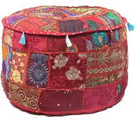 Housse Brodée Patchwork Indienne en Coton Pouf Ottoman Décoratif (Red, 18x13)