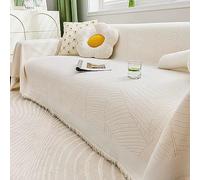 Housse Canapé Chien, 4 Places Chenille Motif de Lignes géométriques de Couleur Unie avec Pompons Couvre-lit Multifonction pour canapé ou lit, Blanc crème, 180x340cm