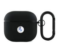 Étui en cuir véritable - BMW - AirPods 4 - Noir - Logo argenté - Mousqueton en métal