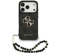 Housse Case iPhone 17 Pro Guess En Cuir Synthétique Gris Grand Logo Doré Chaîne