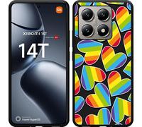 Housse Cazy adaptée au Xiaomi 14T Housse silicone noire - Cœurs arc-en-ciel