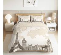 Housse Couette 260 x 240 cm Architecture Urbaine Tour Eiffel Carte Monde | Housse de Couette Vintage 2 Personnes, Ensemble de Literie Douce avec Fermeture éclair, 2 taies d'oreiller 65 x 65 cm