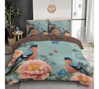 Housse Couette Papillons Et Pivoines 220 X 240 Cm avec 2 Taies d'oreiller, Parure De Lit 2 Personnes pour Lit avec Fermeture Éclair Sets Housse Couette en Microfibre Oiseaux Bleu