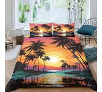 Housse Couette Soleil du Soir Parure De Couettes 100% Microfibre avec Taie d'oreiller，Impression Plage 3D Parure De Lit avec Fermeture Éclair Cachée King（220x240cm）