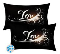 Housse Coussin 20x30 cm Lot de 2 Extérieur Imperméable Housse de Coussin Noir Taie D'Oreiller Decoratif Love Housses Coussins Exterieures en Polyester Lin pour Canapé Patio Jardin Décoration -SC564