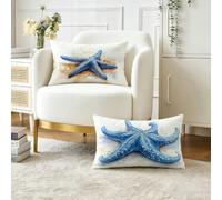 Housse Coussin 25x45 cm Lot de 2 Bleu Coussin Exterieur Impermeable Velours Coussins Canape Decoratif Taie d'oreiller, Étoile de mer Canapé Rectangulaire Protege Oreiller, Decoration Maison O-10317