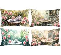 Housse Coussin 30 x 50 cm, Lot de 4 Coussin Ensemble de thé rose Taie Oreiller Rectangulaire Velours Decoratif Protege Oreiller Coussins pour Salon de Jardin Exterieur Canapé Lit Decor Maison T-564