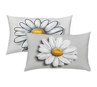 Housse Coussin 30x50 Lot de 2, Blanc Housse de Coussin Marguerite Double Face Impression Rectangulaire Impermeable Lin Taie Oreiller avec Fermeture Eclair Caché pour Exterieur Decoration Salon X-625