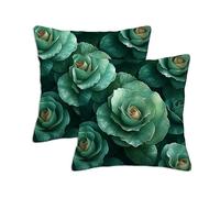 Housse Coussin 35x35 cm Exterieur Housses de Coussin Émeraude Lot de 2 Carrée Impermeable Lin Double Face Imprimé Motif Roses Décoratifs Canapé pour Maison Salon Chambre Lit Chaise Été Jardin S-1064