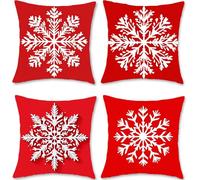 Housse Coussin 35x35 Taie Oreiller Rouge Housse de Coussin Flocon Neige Lot de 4 en Velours Doux Exterieur Impermeable Jardin Canape Decoratif Taie D'oreiller pour Décoration Canapé Lit Chambre S1-491
