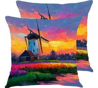 Housse Coussin 35x35cm Lot de 2 Ferme De Moulins à Vent Canape Coussin Exterieur Impermeable Salon Jardin Housse de Coussins, Lin Coussins Decoratif Taie Oreiller pour Cadeaux X4JJ-171