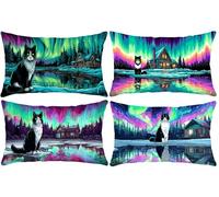 Housse Coussin 40 x 80 cm, Lot de 4 Coussin Exterieur, Aurora chat Taie Oreiller Rectangulaire Lin Decoratif Protege Oreiller Coussins pour Salon de Jardin Exterieur Canapé Lit Decoration Maison T-429