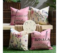 Housse Coussin 40x40 Extérieur Imperméable Lin Taie d'oreiller Canapé Coloré Fleurs Oiseaux Motif Moderne Décoratif Printemps Été pour Patio Jardin Salon Voiture Canapé Maison Décor Lot de 4, Rose