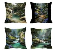 Housse Coussin 40x40 Lin Tissu Imperméable Extérieur, Lot de 4 Housse de Coussin Decoratif Canape Forêt Salon de Jardin Exterieur Coussin Canape pour Canapé Printemps Vert Décoration Art F0P-668