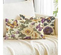 Housse Coussin 40x60 Lot de 2 Lin Taie D'oreiller Fleurs Taie Oreiller Rectangulaire Papillon Coussin Canape avec Fermeture Éclair Invisible pour Extérieur Jardin Terrasse Déco D'été Moderne m00-435