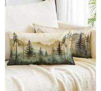 Housse Coussin 40x70 Lot de 2 Lin Taie D'oreiller Vert Taie Oreiller Rectangulaire Forêt Coussin Canape avec Fermeture Éclair Invisible pour Extérieur Jardin Terrasse Déco Printemps Moderne m00-35