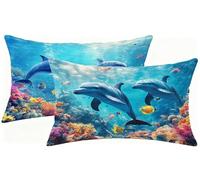 Housse Coussin 40x80 cm Lot de 2, Dauphin Coussin Exterieur Impermeable, Monde sous-marin Décoratif Canapé Taie Oreiller Lino Taie d'oreiller pour Decoration Salon Maison Jardin Balcon, Cadeaux h-4948