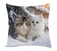 Housse Coussin 45X45 Chat Blanc Gris Lin Canapé Taie d'oreiller de pour Maison Salon Chambre Décoration D'intérieur Lavable avec Fermeture éclair Invisible