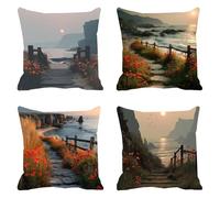 Housse Coussin 45x45 Lin Tissu Imperméable Extérieur, Lot de 4 Housse de Coussin Decoratif Canape La Marina Salon de Jardin Exterieur Coussin Canape Pour Canapé Printemps Paysage Décoration Art F0P142