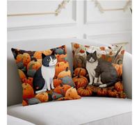 Housse Coussin 45x45cm Coussin Exterieur Orange Brûlée Coussins de Jardin Chat Oreiller 2 Pièces avec Fermeture éclair Invisible Coussins Lin pour Jardin Salon Halloween Hiver Automne Décoratif wj-992