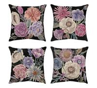 Housse Coussin 45x45cm,Fleurs sur fond noir Housses de Coussin décoratif en Lin, Lot de 4 Housses de Coussins Extérieur, Housse De Coussin Carré Lavable pour Chambre, Canapé, Chaise, Lit, Jardin