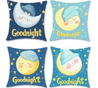 Housse Coussin 50x50 Bleu Taie Oreiller Lin Housses de Coussins Lune Canape Exterieur Impermeable Taie D'oreiller Lot de 4 Canapé Decoration Coussins pour Lit Chambre Jardin Automne Décoration S1-568