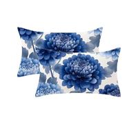 Housse Coussin 50x60 Lot de 2, Bleu Housse de Coussin Fleur Motif, Double Face Impression, Fermeture Éclair Invisible, Impermeable, Lavable, Lin Matériel, Exterieur Decoration Taie Oreiller,Model1097