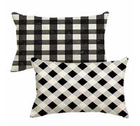 Housse Coussin 50x80 cm Noir Blanc Coussin Exterieur Impermeable Lin Taie Oreiller avec Fermeture Éclair Invisible Lot de 2 Tartan Cushion Covers pour Jardin Terrasse Porche Decoration Maison 2m-515