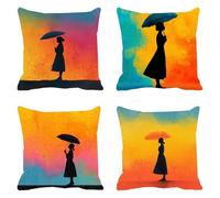 Housse Coussin 55x55 Lin Tissu Imperméable Extérieur, Lot de 4 Housse de Coussin Decoratif Canape Coloré Salon de Jardin Exterieur Coussin Canape Pour Canapé Printemps Personnages Décoration Art F0P29