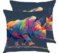 Housse Coussin 55x55cm Lot de 2 RhinocéRos ColoréS Canape Coussin Exterieur Impermeable Salon Jardin Housse de Coussins, Lin Coussins Decoratif Taie Oreiller pour Cadeaux X4JJ-79
