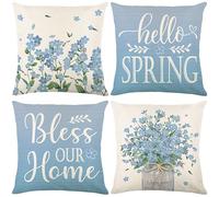 Housse Coussin 60X60 Fleurs Bleues Coussin Decoratif Canapé Taie d'oreiller,Taie Oreiller en Lin Coussin Exterieur- Housse De Coussin Fermeture À Glissière Invisible,Hypoallergénique