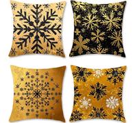 Housse Coussin 65x65 Noir Taie Oreiller Lin Housses de Coussins Flocon Neige Canape Exterieur Impermeable Taie D'oreiller Lot de 4 Canapé Decoration Coussins pour Chambre Jardin Décoration S1-466