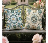 Housse Coussin 65x65cm Lot de 2 Turquoise Coussin Extérieure Imperméable Lin Carré Taie Oreiller de Jardin Fleurs D'Été Double Face Imprimé Grand Cushion Covers Automne Decoration Femme Cadeaux yw-962
