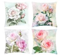 Housse Coussin 70x70 Housse Coussin jardin RéTro Housses de Coussins Lot de 4 en Lin Cushion Covers Rose Taie Oreiller Coussins Canapé, pour Salon Jardin Chambre à Coucher Decoration Maison C1-384
