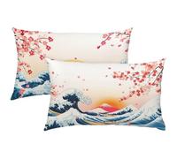 Housse Coussin 70x90 Lot de 2, Japon Housse de Coussin Flots Double Face Impression Rectangulaire Impermeable Lin Taie Oreiller avec Fermeture Eclair Caché pour Exterieur Decoration Salon Cadeau X-171
