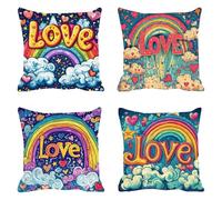 Housse Coussin 80x80 Lin Tissu Imperméable Extérieur, Lot de 4 Housse de Coussin Decoratif Canape Le Rainbow Salon de Jardin Exterieur Coussin Canape Pour Canapé Printemps Amour Décoration Art F0P-482