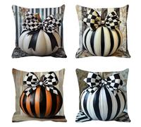 Housse Coussin Bande Citrouille 50x50 Set de 4 Coussin Exterieur Impermeable Lin Taie Oreiller Carré Double Face à Motif avec Fermeture éclair Invisible Canapé Doux Décoration Salon Chambre Lit T-591