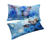 Housse Coussin Bleu Taie Oreiller 50x70cm Rose Housse de Coussin Taie d'oreiller Decoratif Lin Taie Oreiller Lot de 2 Fermeture éclair Invisible Lavable pour Decoration Maison Cadeau Femme T0T225