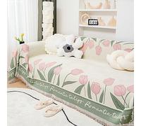 Housse Coussin Canapé, 3 Places Chenille Fleurs de Tulipes et Motif de Feuilles Multifonction Jeté de Canapé Couverture, Rose, 180x300cm