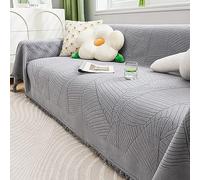 Housse Coussin Canapé, 4 Places Chenille Motif de Lignes géométriques de Couleur Unie avec Pompons Protège Le Canapé des Poils d'animaux, Gris, 180x420cm