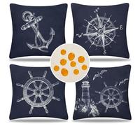 Housse Coussin Canapé Bleu Marine Taie d'oreiller Exterieur Impermeable Lin Housses de Coussin Nautiques Ancre Phare Voilier Décoratif pour Lits Chaises Voiture Salon Maison Décor 40x40 cm Lot de 4