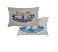 Housse Coussin Exterieur 50x60cm Bleu Coussins Exterieur Impermeable Ocre Lot de 2 Lin Decoration Taie Oreiller Conception d'impression Recto Verso pour Chambre Lit Salon Canapé Decoratif Maison T384