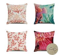 Housse Coussin Exterieur Impermeable 40x40cm Lot de 4 Carré Lin Rouge Housses de Coussin Decoratif Motif Corail marin Coussins Canapé, pour Canape Salon Chambre Jardin Taie Coussin d'exterieur R-4132