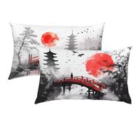 Housse Coussin Exterieur Impermeable, Pont Rouge Housse Coussin Japon Taie Oreiller 50x70 Lot de 2 Double Face Impression Velour Taie d'oreiller avec Fermeture Eclair Caché pour Decoration, Model421