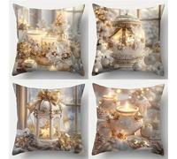 Housse Coussin Lot de 4 30x30 cm,Paysage d'argent Housse de Coussin Velours Taie d'oreiller avec Fermeture éClair Invisible Housse Coussin pour Canapé Lit Salon Chambre Maison(Bougies de Noël)