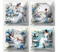 Housse Coussin Lot de 4 40x40 cm,Fille à la Chaise Rose Housse de Coussin Velours Taie d'oreiller avec Fermeture éClair Invisible Housse Coussin pour Canapé Lit Salon Chambre Maison(À la Mode)